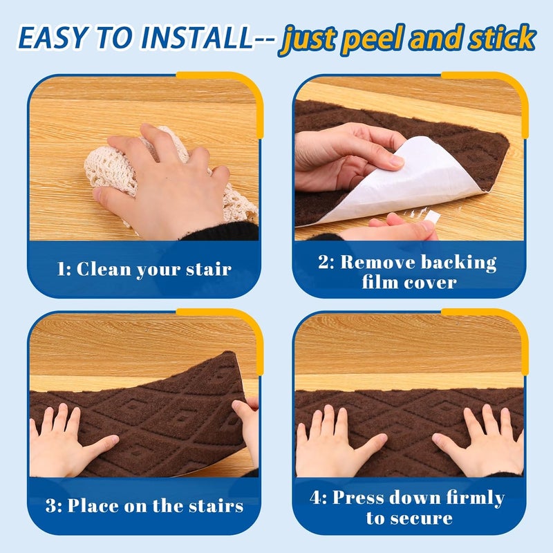 RIOLAND Non-Slip Carpet Stair Treads for Wooden Steps, 15 Pack Indoor Stair Runner with Reusable Adhesive Modern Anti Moving Safety Stair Rugs for Kids Dogs & Elders, 8" X 30", Rhombus Brown - Image 4